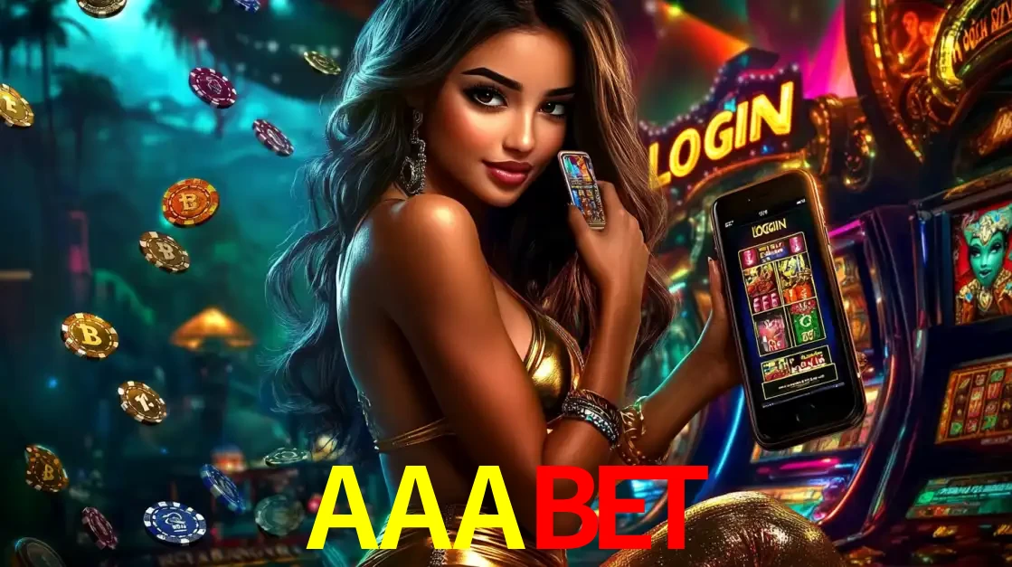 Mulher em um cenário de cassino temático de aventura, mostrando o app de caça-níqueis da AAABET no celular. Fichas de apostas flutuam ao redor.