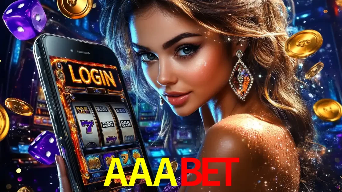 Mulher glamorosa segurando um smartphone com a tela de login para os jogos de caça-níqueis do cassino online AAABET, com moedas de ouro e dados ao redor.