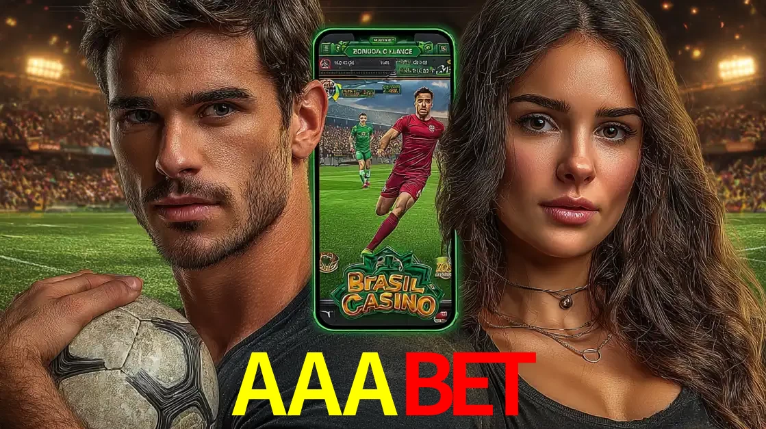Homem segurando uma bola de futebol e uma mulher ao lado de um smartphone exibindo o jogo de apostas esportivas da AAABET. Faça seu palpite no cassino online.